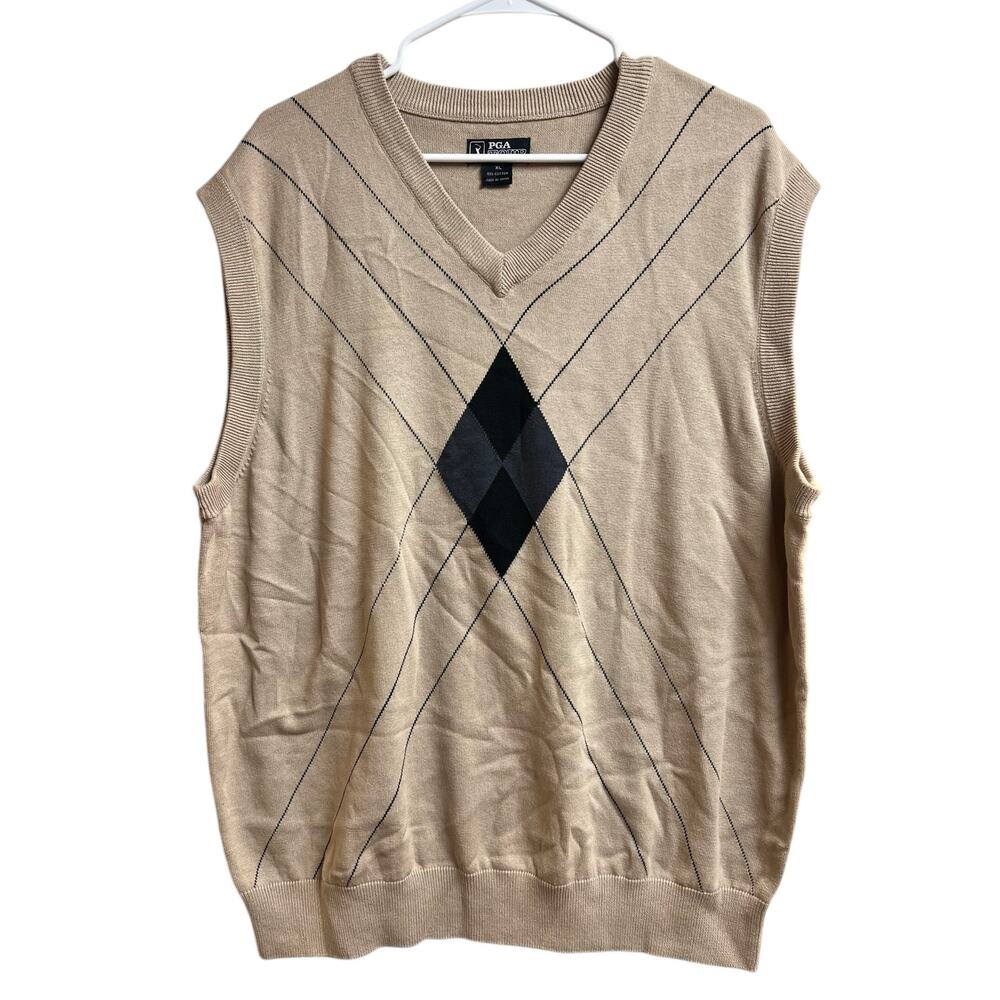 PGA Tour Men's Golf Argyle Vest Beige Cotton XL